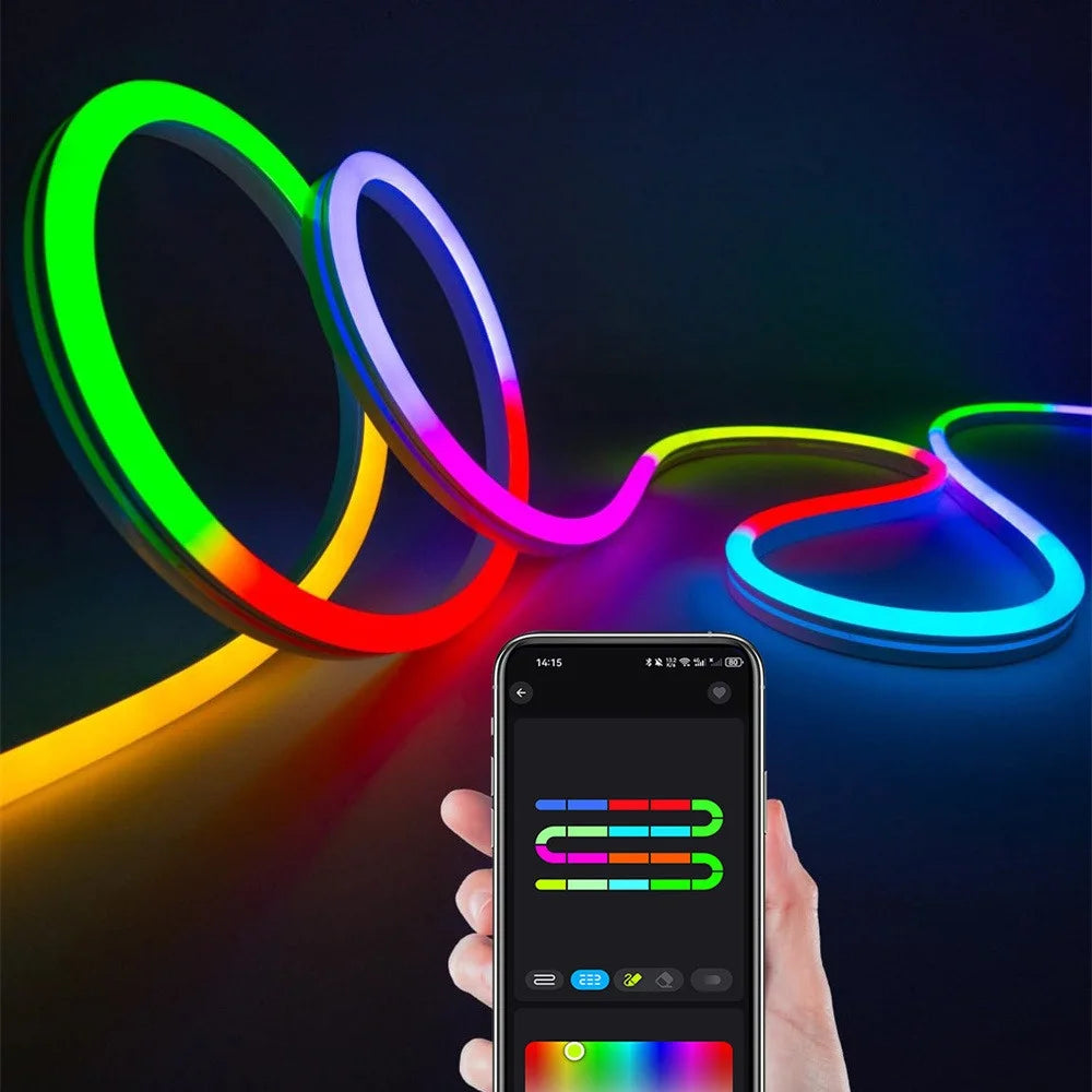 LED Strip with Remote & App, RGB+IC Neon Strip Lights, Flexible Light for Gaming Room, Bedroom Decor Lights, Vibrant Neon Light,