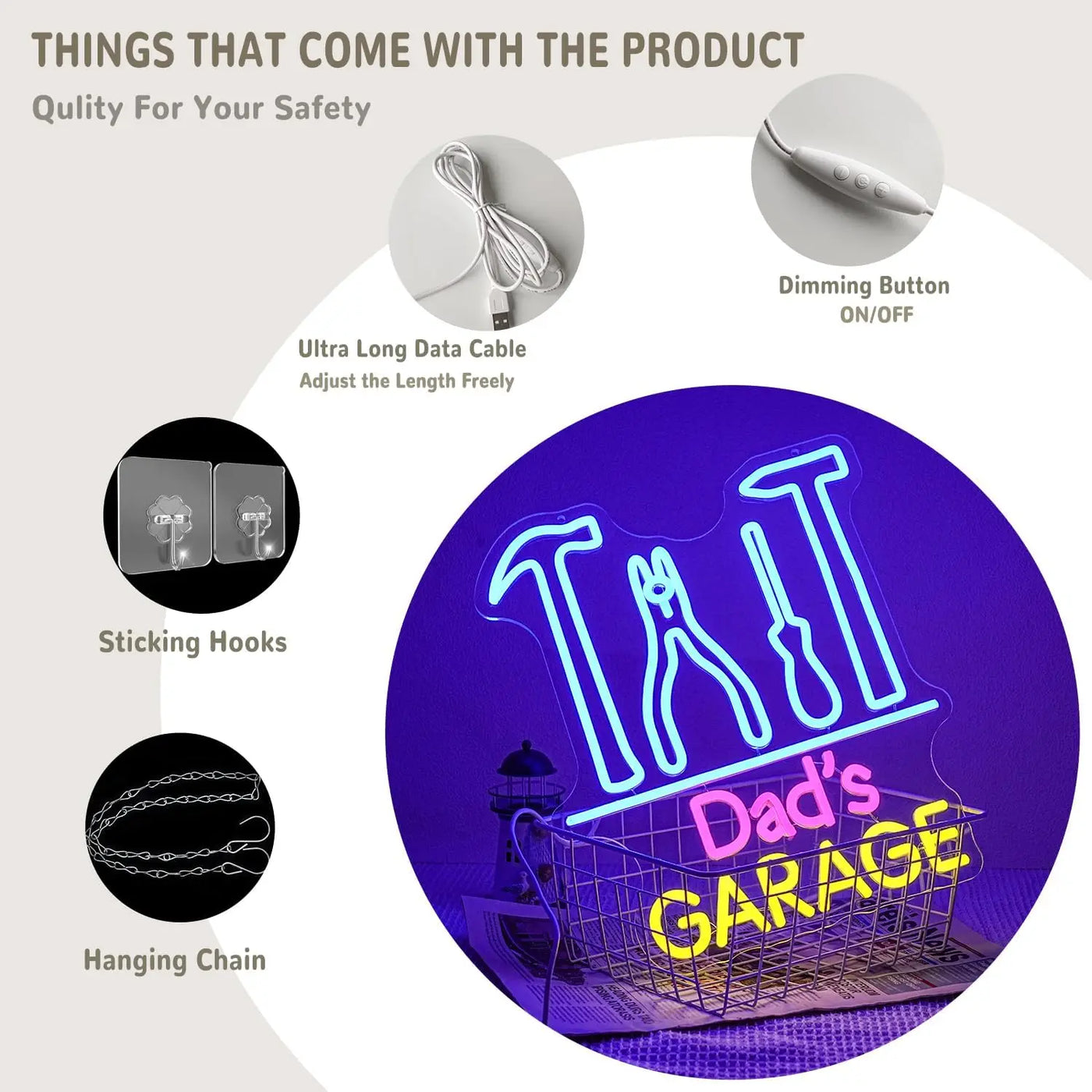 Dad's Garage Neon Sign USB Powered LED Light for Auto Repair Shop Gaming Room Bedroom Decoration Business Art Wall Light