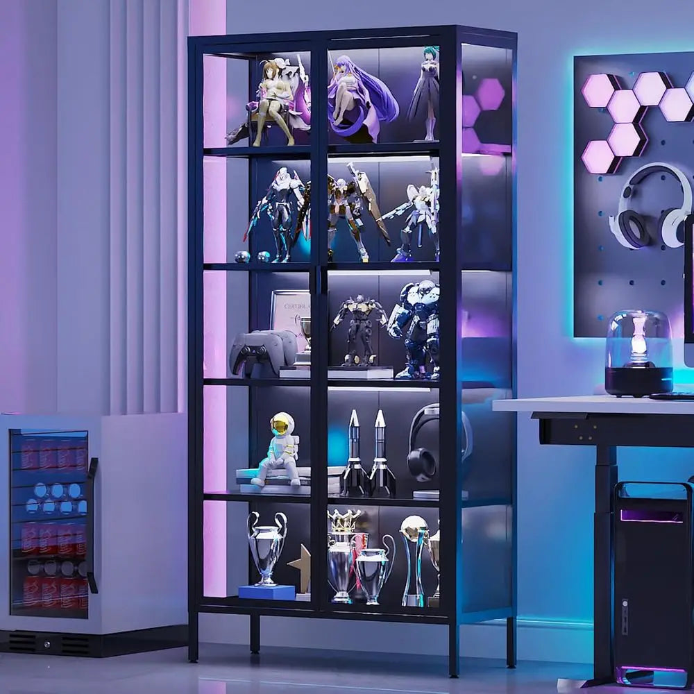 71 High Glass Curio Cabinet with 5 Shelves, LED Sensor Lights, Ideal for Living and Bedroom Display
