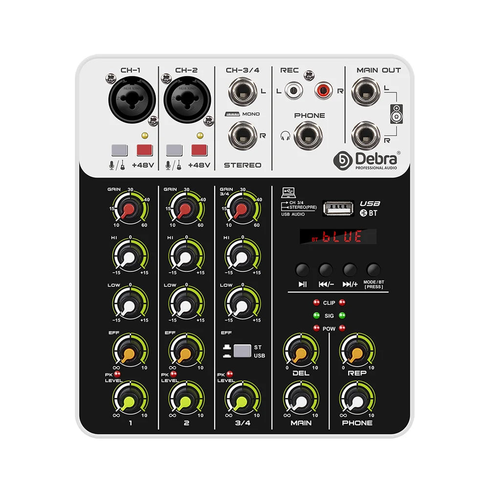 Debra V4/V8 Audio Interface Mixer, DJ Controller with Bluetooth USB 48V Phantom Power Delay Replay Effect for Computer Recording