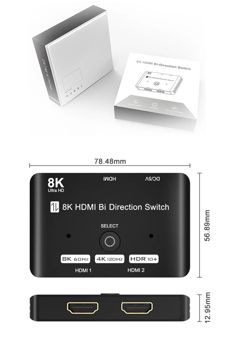 8K HDMI Bi Direction Switch 8K/60Hz HDMI Switcher 2.1 Converter 2 in 1 Out/1 In 2 Out Computer Screen Cutter