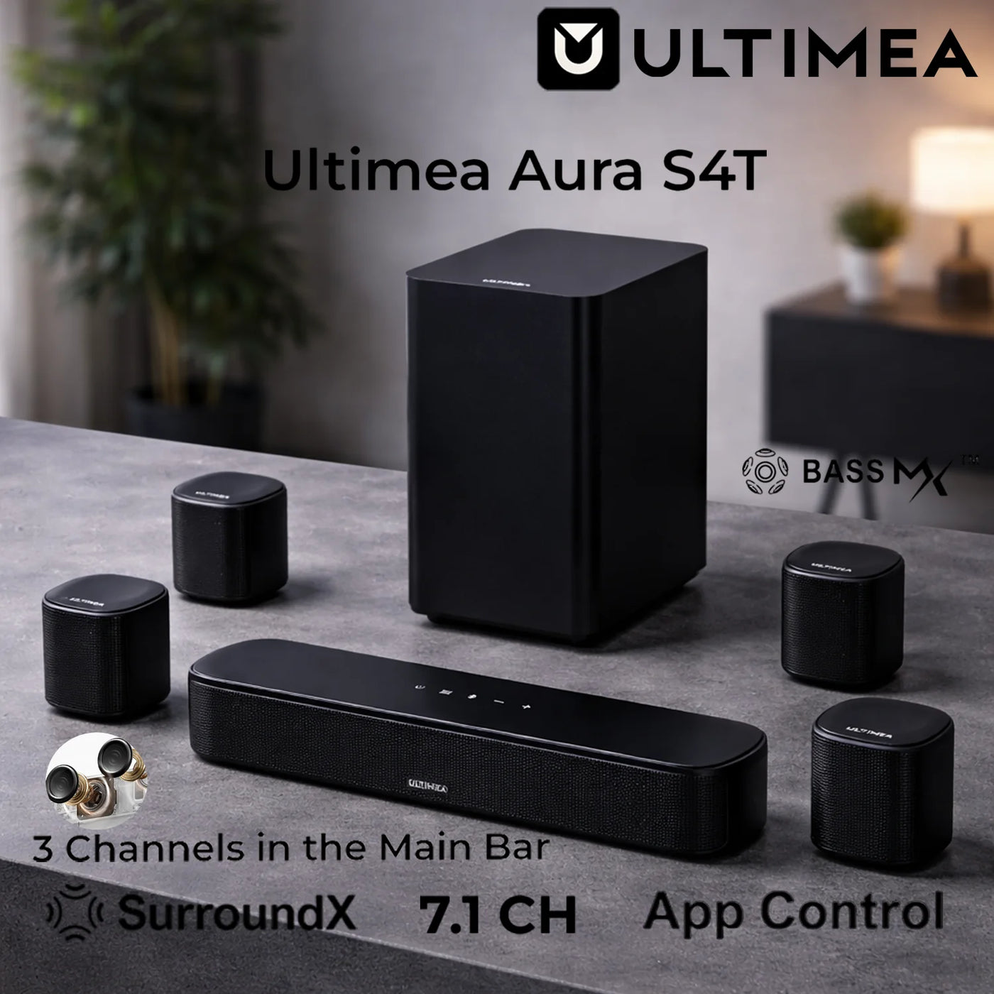 ULTIMEA 7.1 Virtual Surround Soundbar, 3-Channel Main Soundbar with Rear Speakers, Enhanced Bass, Adjustable Surround & Vocal