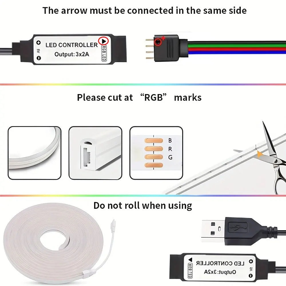 RGB LED Neon Rope Lights,5V USB Power Lamp,Remote Control,Adjustable Brightness,Moldable Strip - Gaming Backlight