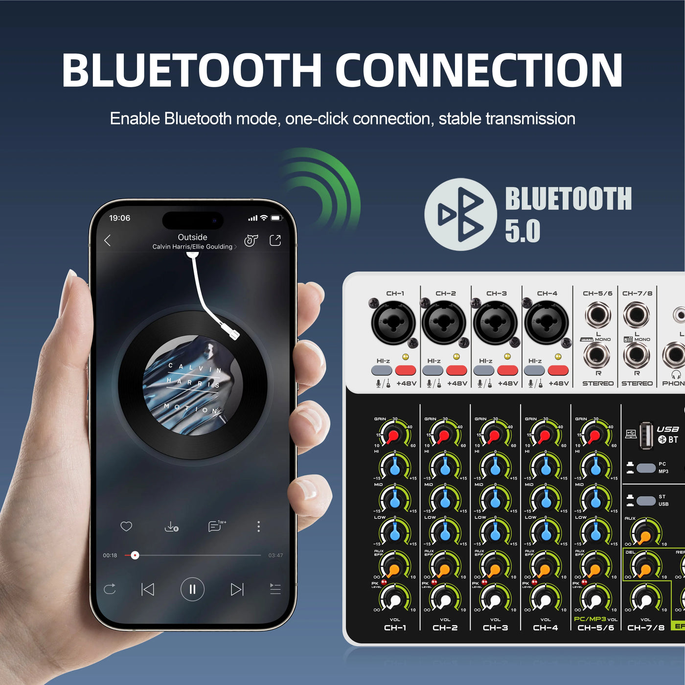 Debra V4/V8 Audio Interface Mixer, DJ Controller with Bluetooth USB 48V Phantom Power Delay Replay Effect for Computer Recording
