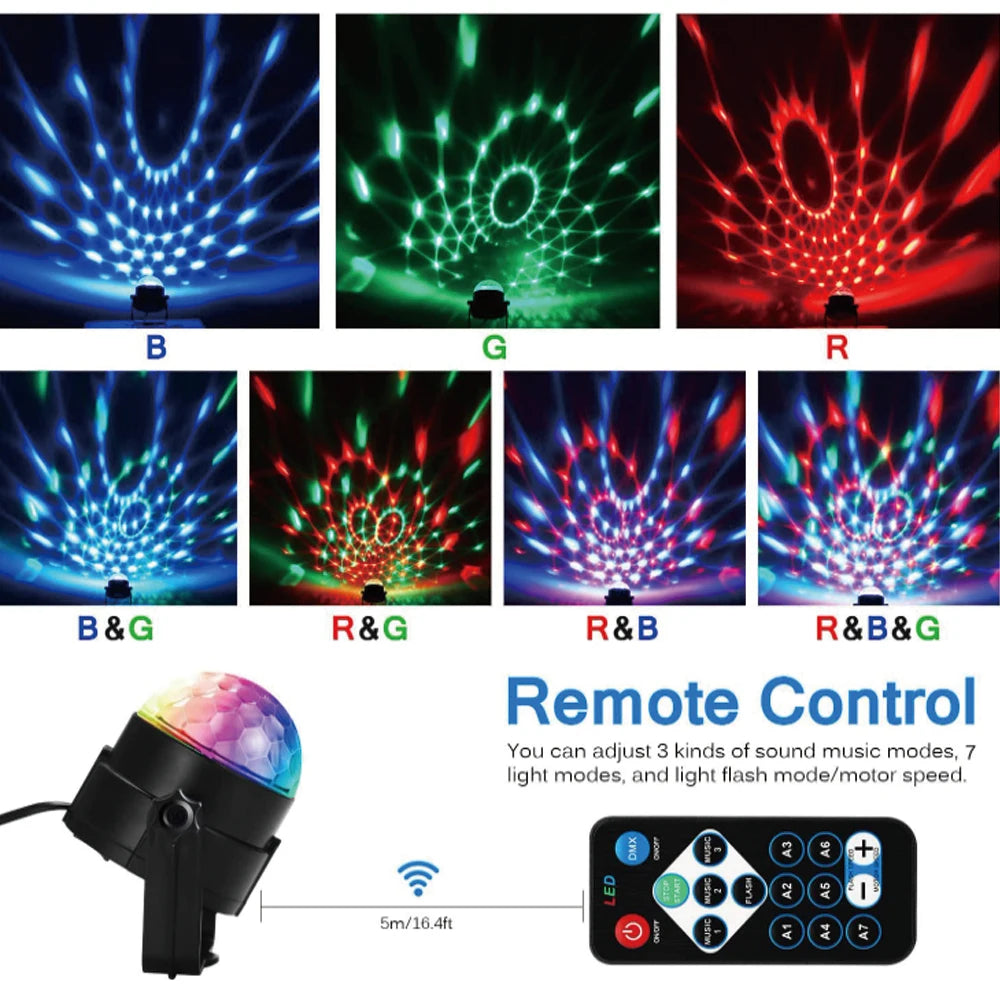 LED Disco Ball Party Light with Remote, Sound Activated RGB Strobe Lamp, 7 Modes Rotating DJ Light for Home, Bar, KTV, Birthday,
