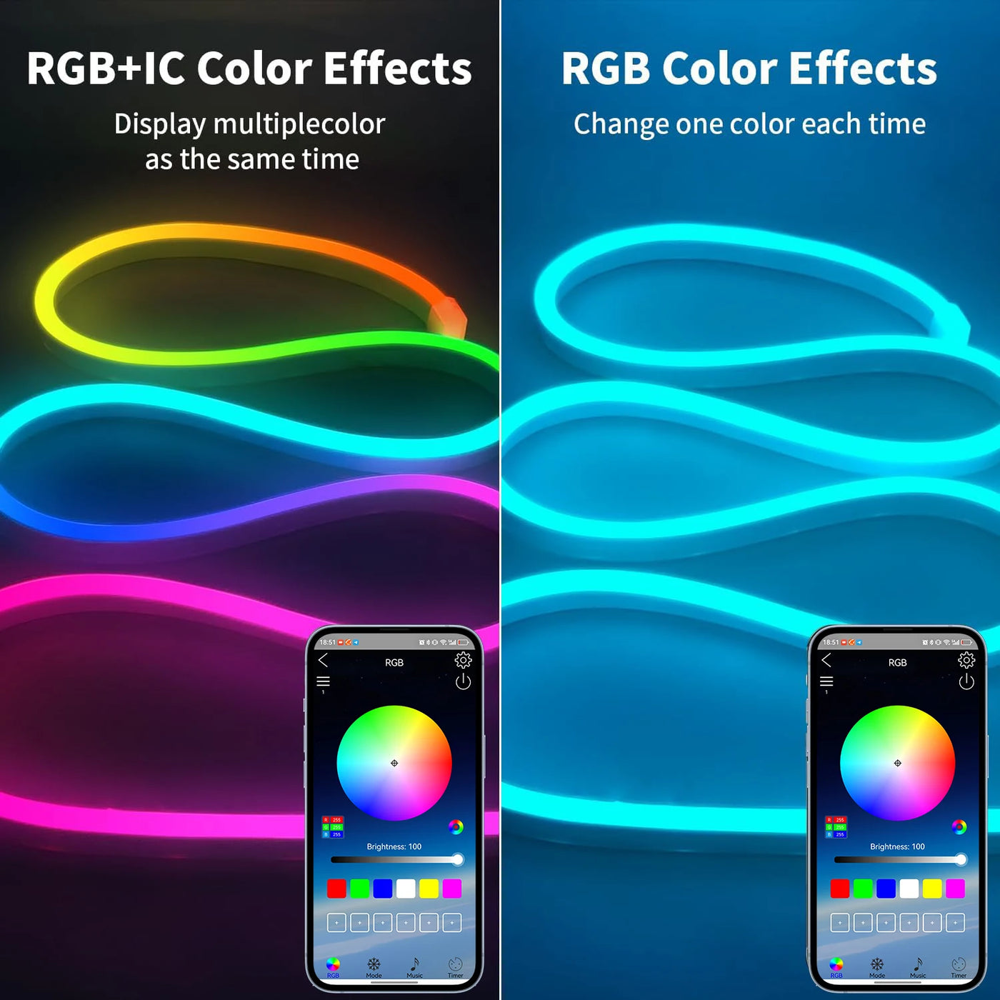Smart RGB Neon Rope Light 5V USB 1m-10m IP65 Flexible Strip with Bluetooth Music Sync & App Control for Gaming Room Party