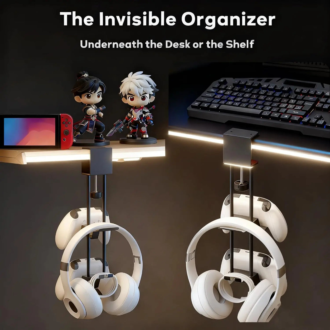 Aluminum Under Desk Clamp Headset and Controller Stand - 2 in 1 Gaming Organizer for PC, PS5, Xbox