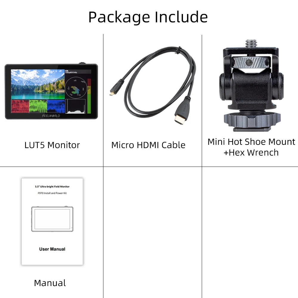 FEELWORLD LUT5 5.5 Inch 3000nit Ultra Bright Touch Screen DSLR Camera Field Monitor IPS 1920X1080 4K HDMI Input Output DC OUT