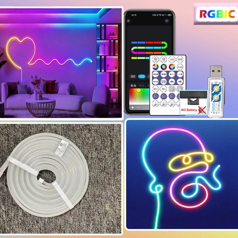 LED Strip with Remote & App, RGB+IC Neon Strip Lights, Flexible Light for Gaming Room, Bedroom Decor Lights, Vibrant Neon Light,