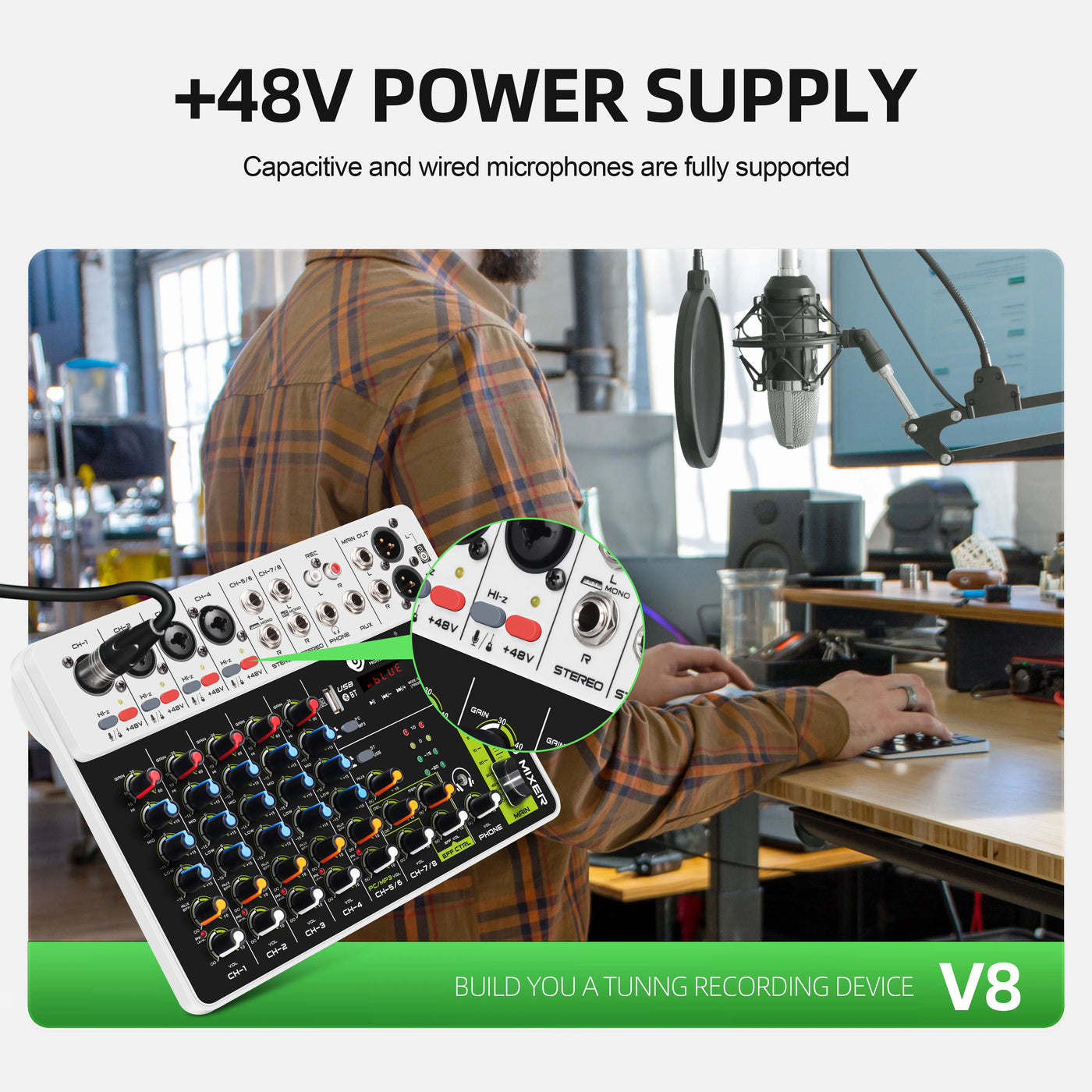 Debra V4/V8 Audio Interface Mixer, DJ Controller with Bluetooth USB 48V Phantom Power Delay Replay Effect for Computer Recording