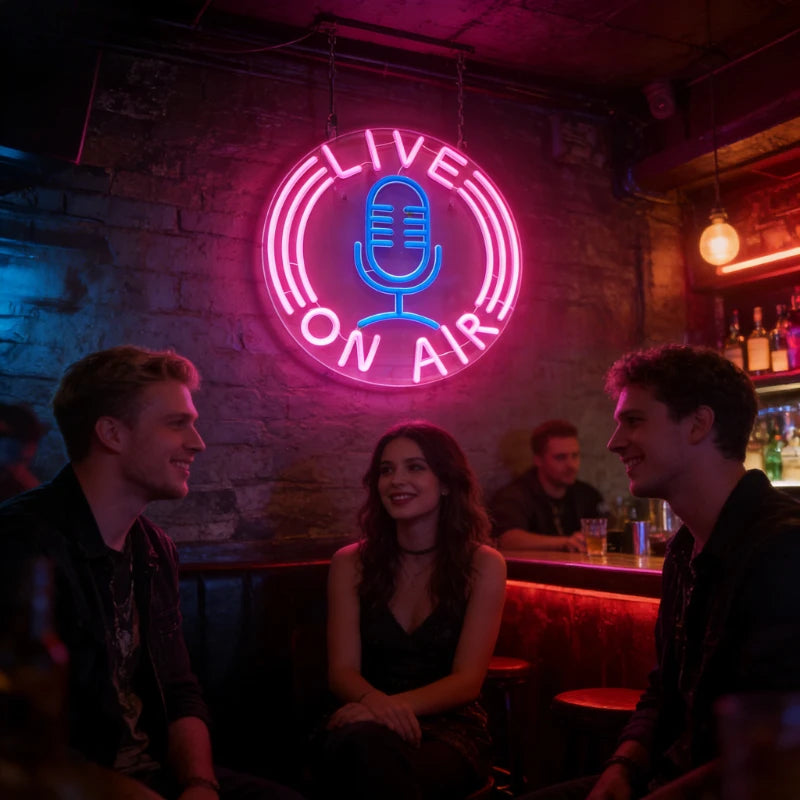 Live on Air Microphone Neon Sign Dimmable LED Neon Light for KTV Party Music Studio Podcast Studio Room Gaming Room Wall Decor