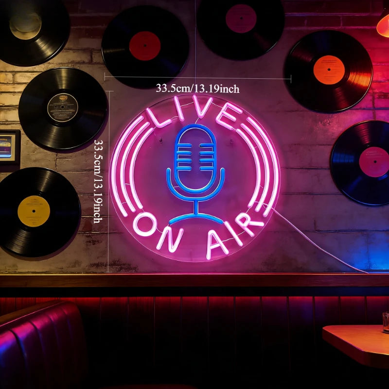 Live on Air Microphone Neon Sign Dimmable LED Neon Light for KTV Party Music Studio Podcast Studio Room Gaming Room Wall Decor