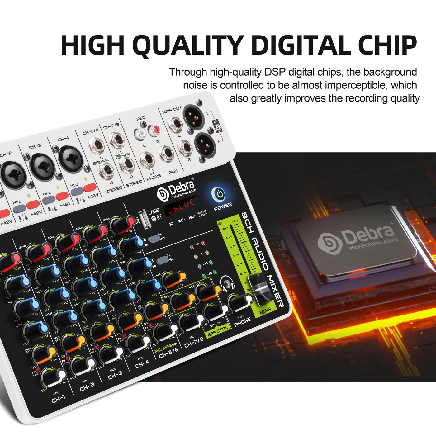 Debra V4/V8 Audio Interface Mixer, DJ Controller with Bluetooth USB 48V Phantom Power Delay Replay Effect for Computer Recording