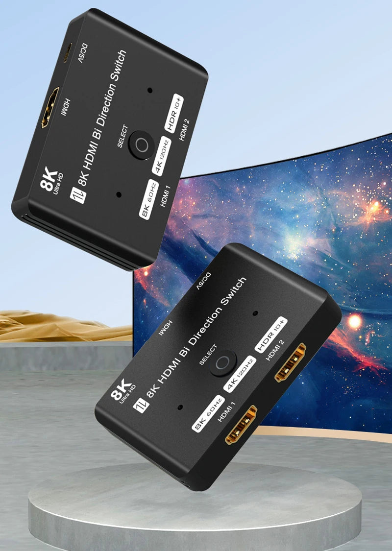 8K HDMI Bi Direction Switch 8K/60Hz HDMI Switcher 2.1 Converter 2 in 1 Out/1 In 2 Out Computer Screen Cutter