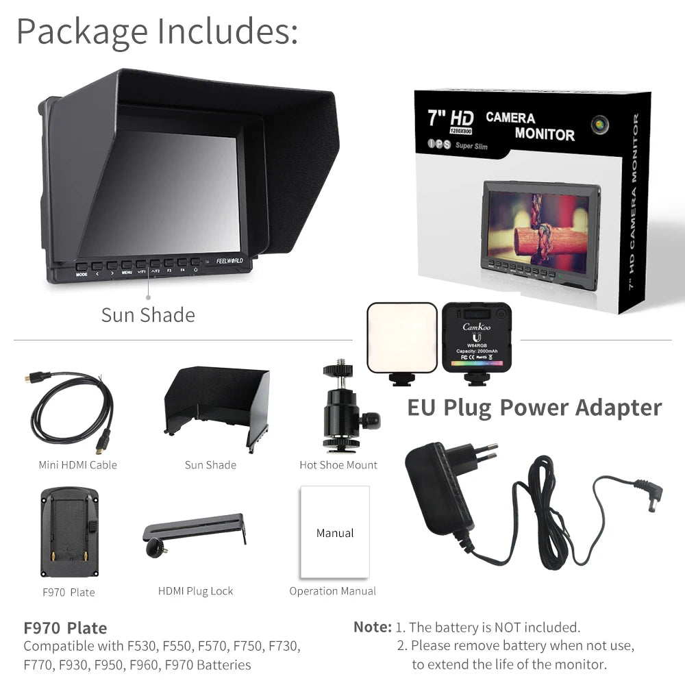 FEELWORLD FW759 7 Inch DSLR Camera Field Monitor 4K HDMI AV Input IPS HD 1280x800 LCD Display Video Assist Protable for Camera