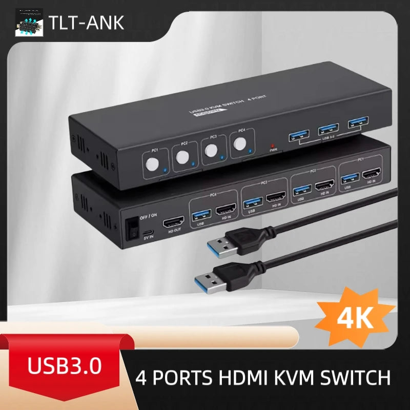 4 Port KVM Switch USB HDMI Switcher 4Kx2K@60Hz for 4 Computers Sharing 1 HD Monitor and 3 USB Devices Keyboard Mouse Printer