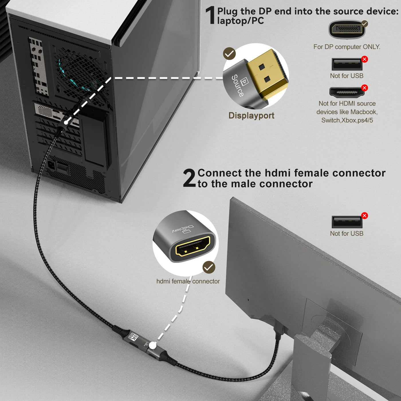 8K@60Hz DisplayPort to HDMI Adapter 4K@120Hz 2K@240Hz DP 1.4 Computer to HDMI 2.0 Screen DP to HDMI Extension Cable for Dell HP