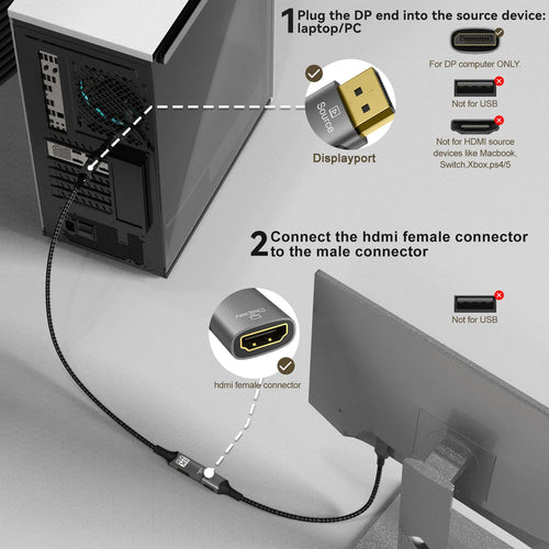 8K@60Hz DisplayPort to HDMI Adapter 4K@120Hz 2K@240Hz DP 1.4 Computer to HDMI 2.0 Screen DP to HDMI Extension Cable for Dell HP
