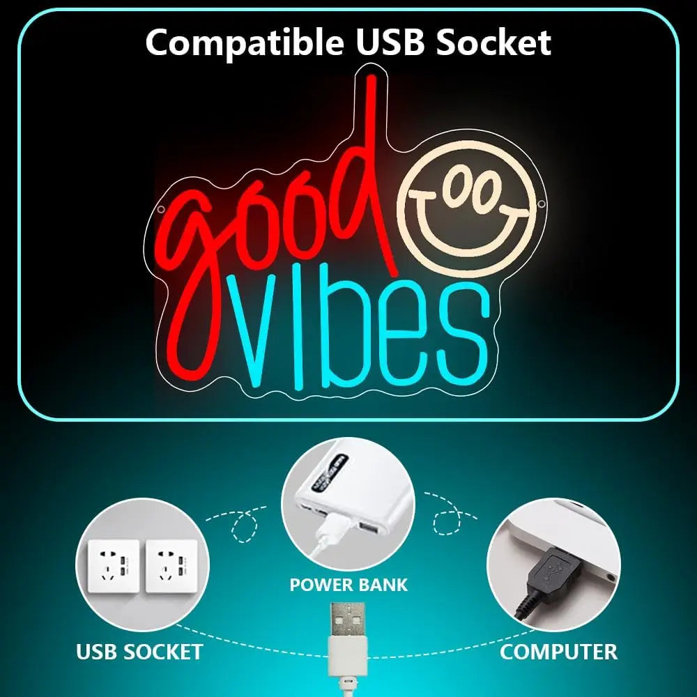 Good Vibes Neon Sign USB Dimmable Smile Face LED Light for Bar Party Dorm Gaming Room Bedroom Decorations neon personnalisé Gift