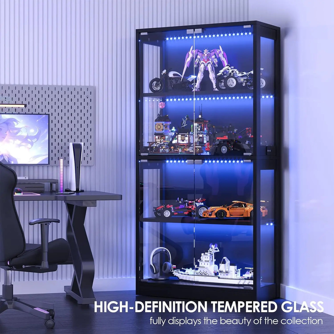 4-Tier Glass Door Display Cabinet with HD Glass, Human Sensor & 3 Lighting Modes for Curio Trophy, Custom