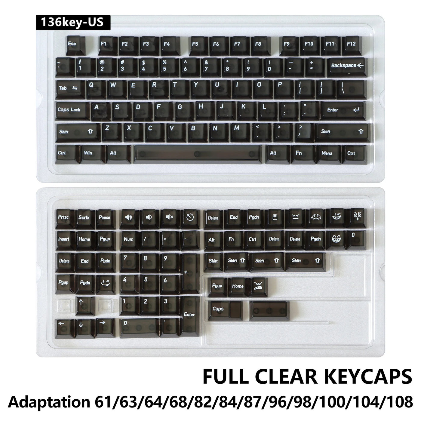Multilingual Transparent Keycaps, EN/JP/RU/KR Crystal Clear Keycap Set, PC Material Full Translucent Mechanical Keyboard Keys