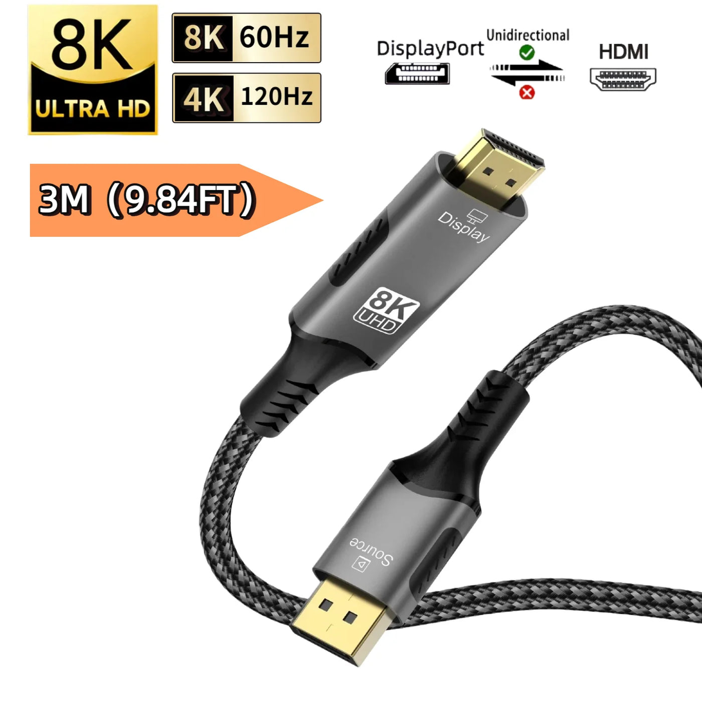 8K@60Hz DisplayPort to HDMI Adapter 4K@120Hz 2K@240Hz DP 1.4 Computer to HDMI 2.0 Screen DP to HDMI Extension Cable for Dell HP
