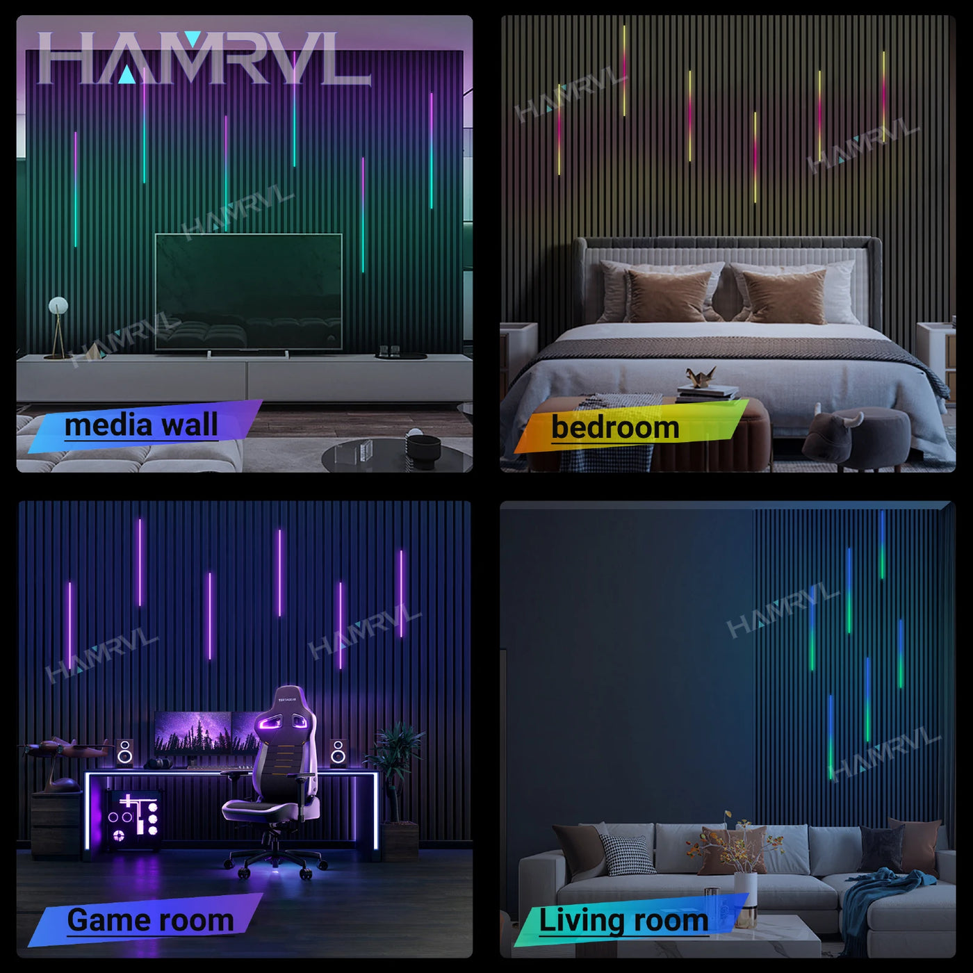 RGB Recessed Magic Dream Color LED Lights for Wood Slat Wall Panel Game Room Deco Chasing Sound Music Sync Audio Rhythm Lighting
