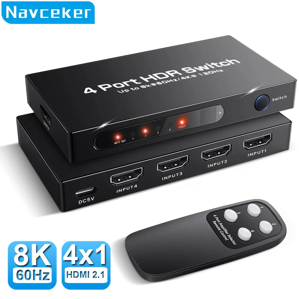 Navceker HDMI 2.1 Switcher 8K 60Hz 4K120Hz HDMI-compatible Switch 4 in 1 Out with Remote Control Converter For Xbox PS5 Monitors