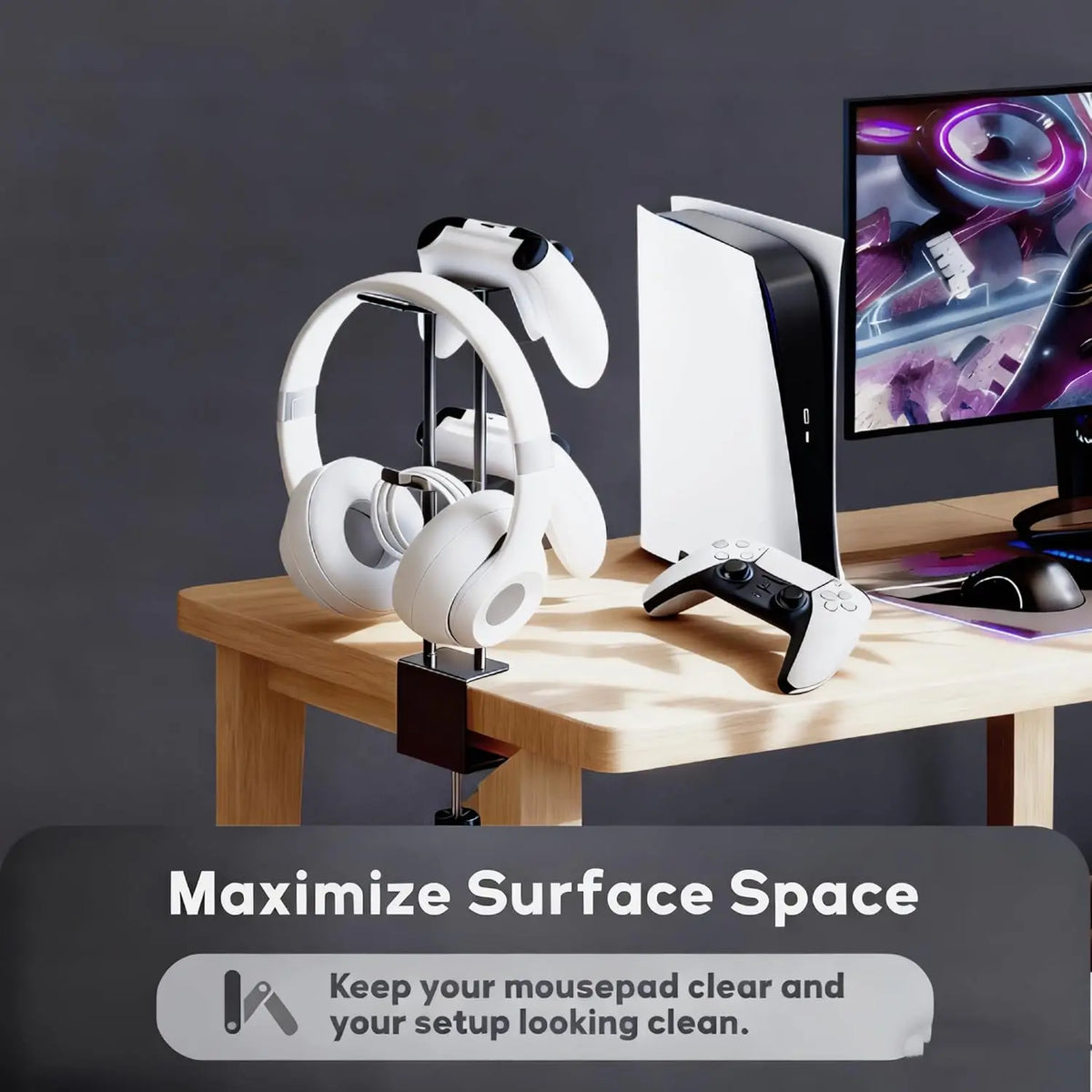 Aluminum Under Desk Clamp Headset and Controller Stand - 2 in 1 Gaming Organizer for PC, PS5, Xbox