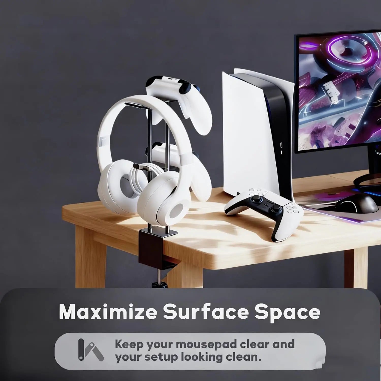 Aluminum Under Desk Clamp Headset and Controller Stand - 2 in 1 Gaming Organizer for PC, PS5, Xbox
