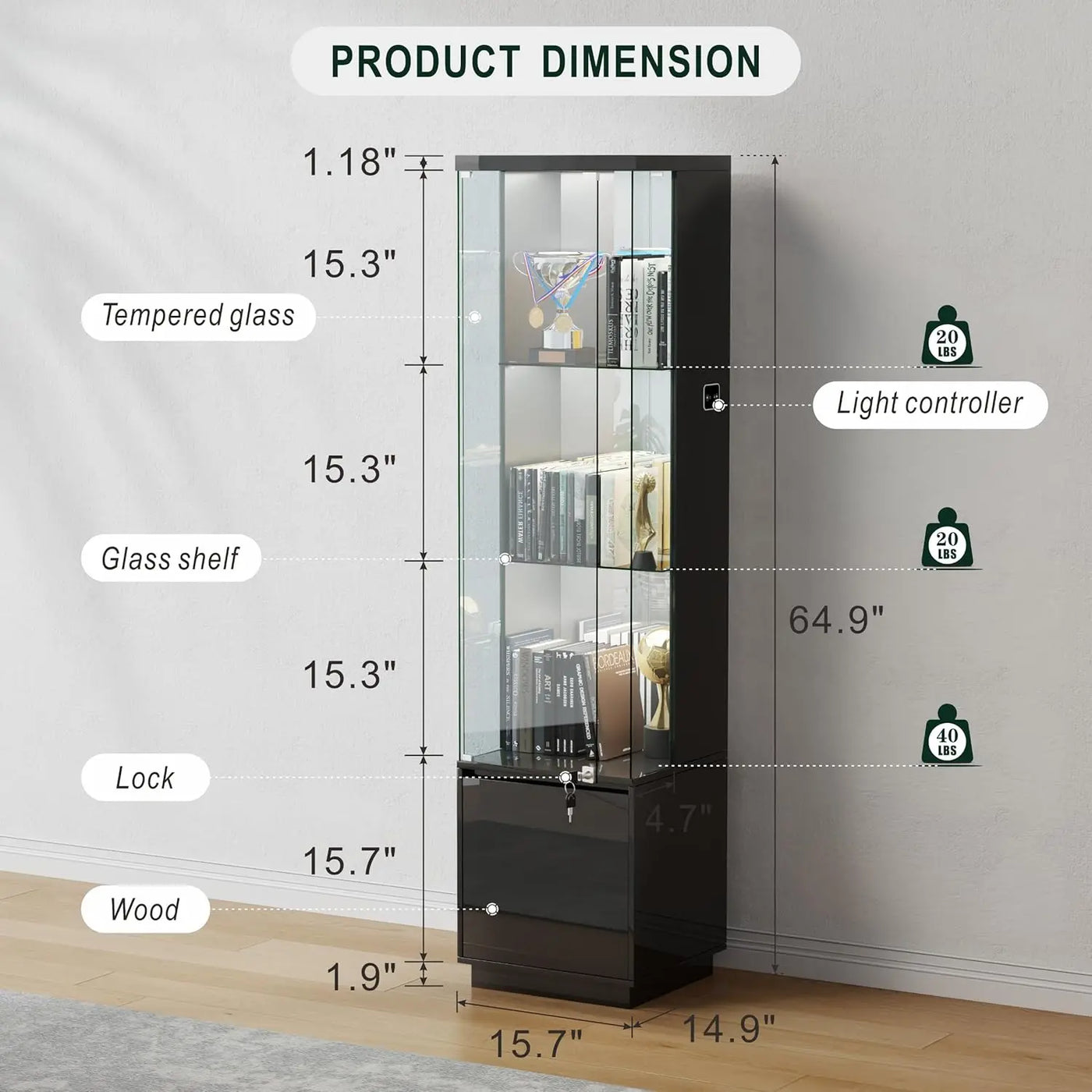 65" Lockable Curio Cabinet with Glass Door, 3-Color LED Lights & Human Body Sensor for Collectibles, Black