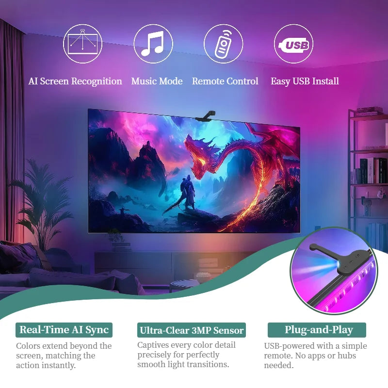 WACUAAO AI LED TV Backlight with Camera, Screen Color Sync, Music Mode for TV 40-85 Inch, Home Cinema Gaming Ambiance Lighting
