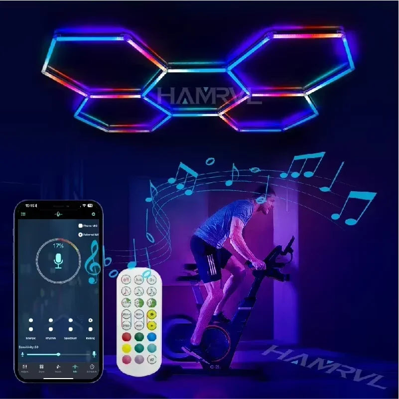 RGB Hexagon LED Garage Light - Hexagon panel light with multi changing music synchronization suitable for gym gaming room party