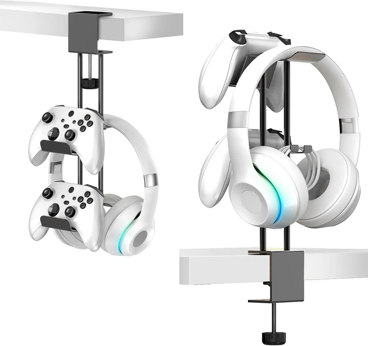 Aluminum Under Desk Clamp Headset and Controller Stand - 2 in 1 Gaming Organizer for PC, PS5, Xbox