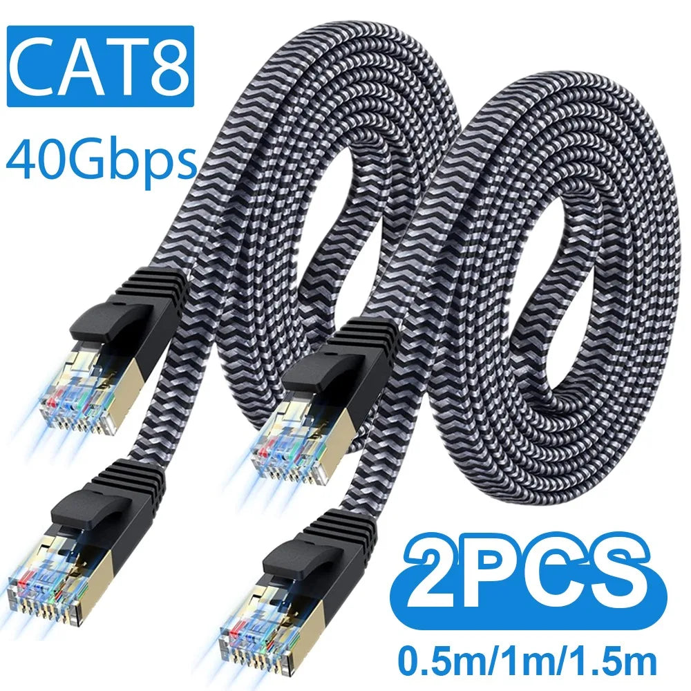 1/2Pcs CAT8 Ethernet Cable 40Gbps Flat Nylon Braided Network Lan Cord for PC Modem Laptop PS 5 Router RJ45 Cable Ethernet Cat 8