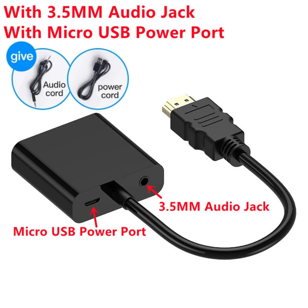 1080P HDMI-compatible to VGA Adapter Cable With 3.5mm Audio Jack USB Power Port Converter For PC Laptop PS4/3 Projector TV Box