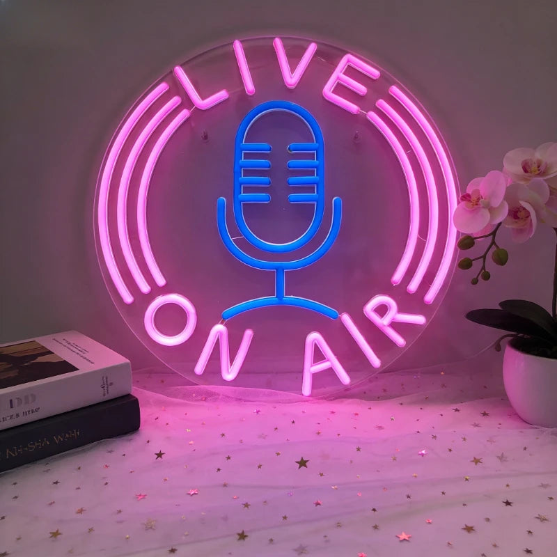 Live on Air Microphone Neon Sign Dimmable LED Neon Light for KTV Party Music Studio Podcast Studio Room Gaming Room Wall Decor