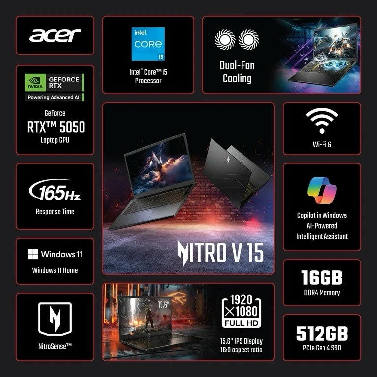 💥NEW💥 Acer Nitro V  RTX 5050/165Hz Gaming Laptop 16GB RAM/512 SSD Ships Fast