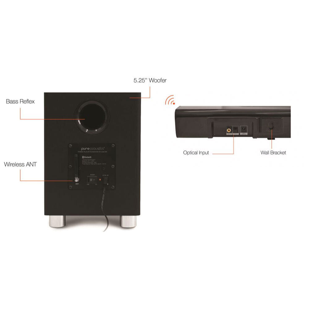 FAZE1 Pure Acoustics SBW-175 2.1ch Bluetooth Sound-bar w/ Wireless Subwoofer/FM Radio